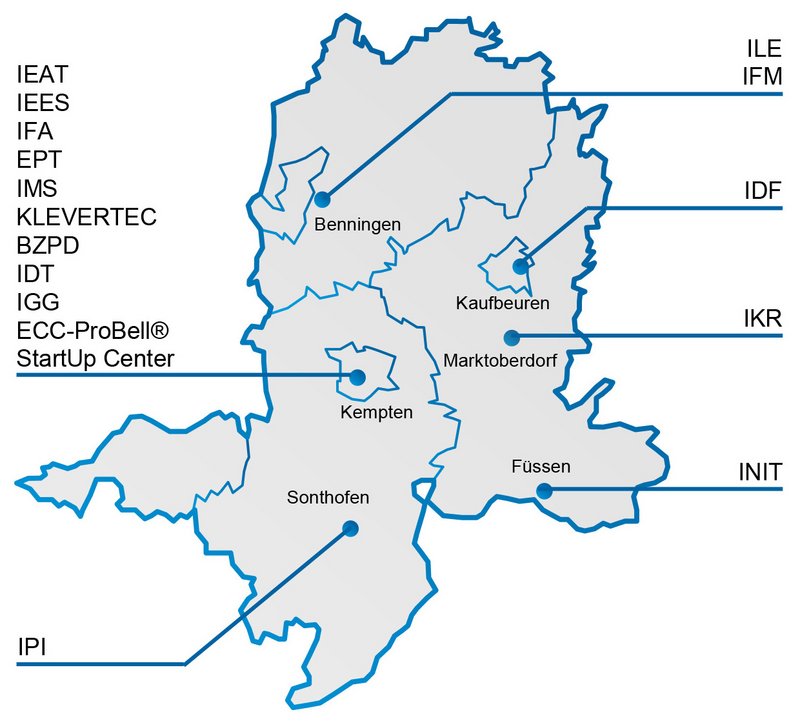 Eine Karte des Allgäus, das die Standorte der 16 Forschungsinstitute und das StartUp Center der Hochschule Kempten zeigt.