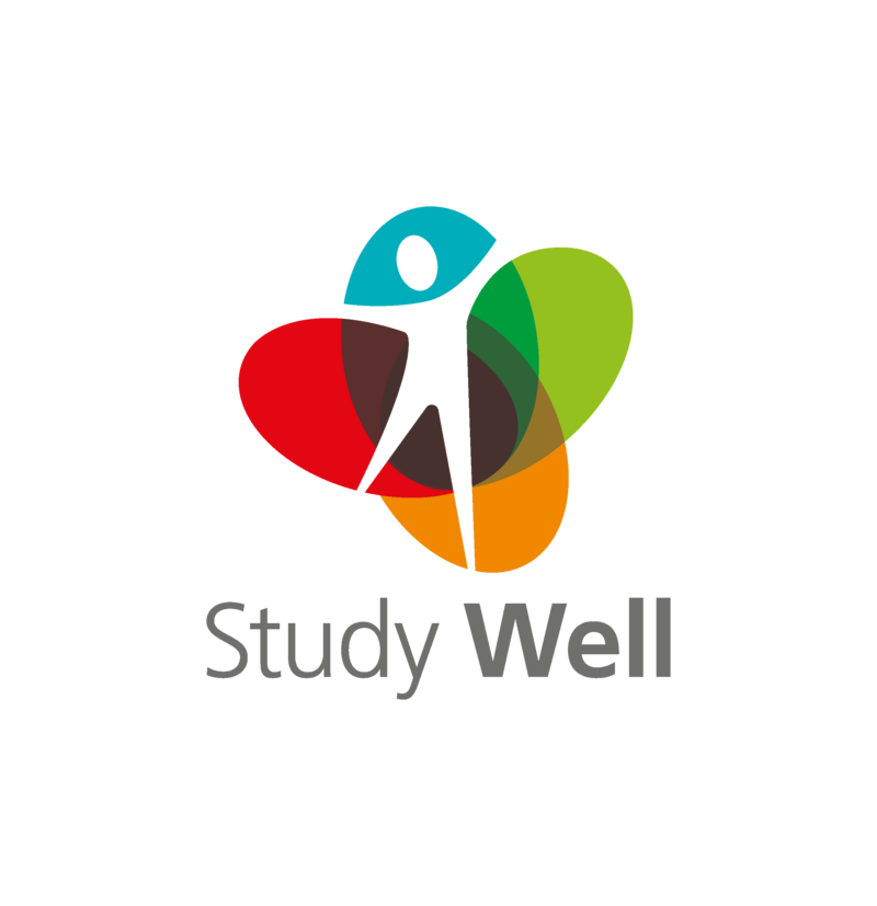 Das Logo von Study Well zeigt eine Collage mehrerer bunter Ellipsen in deren Mitte eine weiße Figur zu sehen ist.